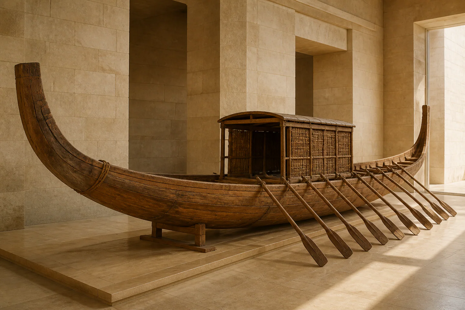 Barque en bois à coque courbe, illustration inspirée des bateaux de l’Égypte ancienne.