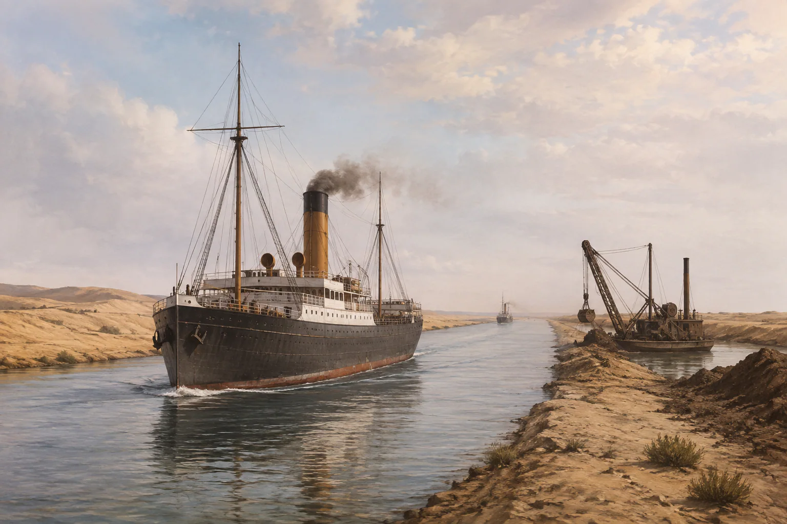 Navire à vapeur et drague sur le canal de Suez, scène historique illustrée.