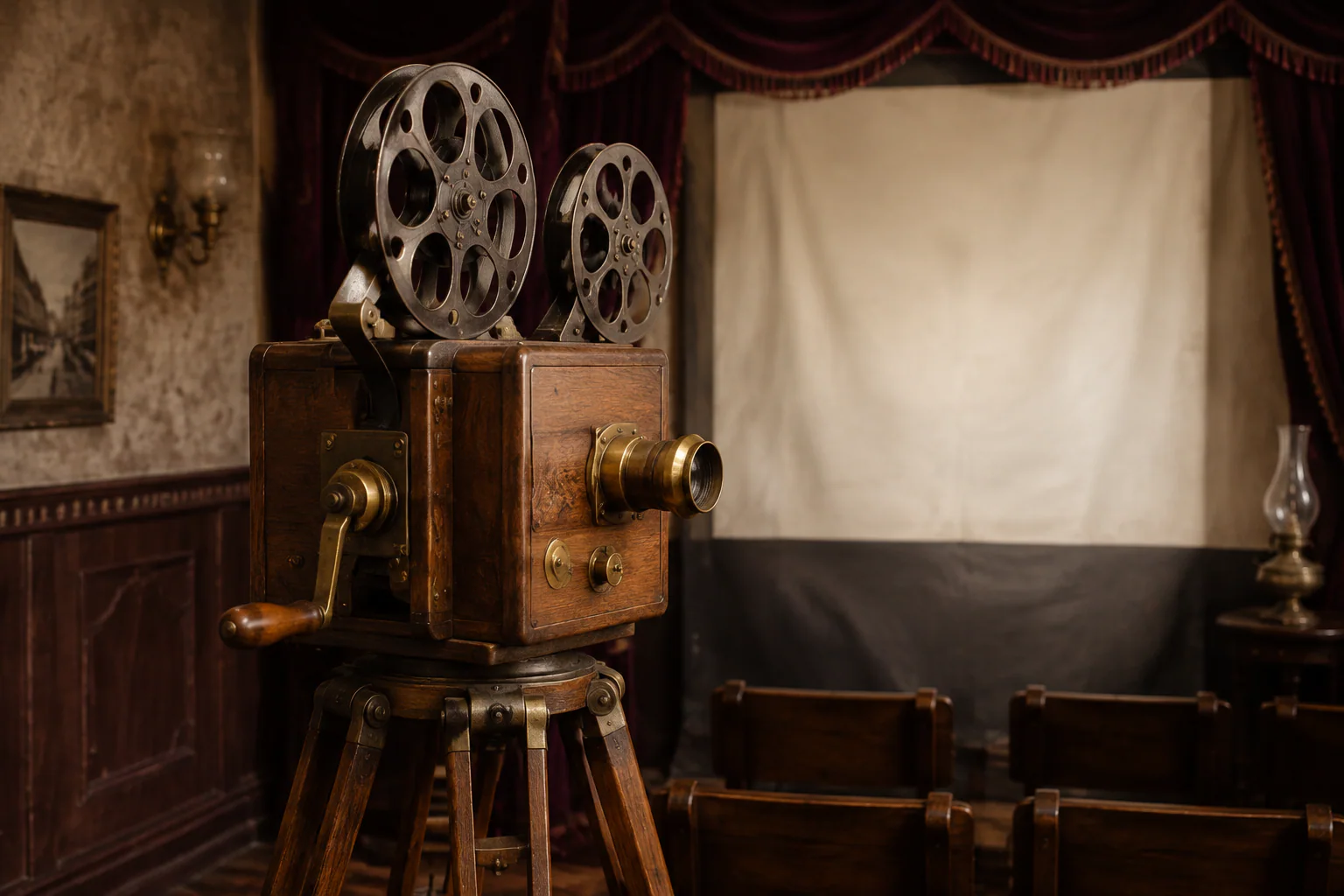 Évocation d’un appareil de projection à manivelle dans une salle de cinéma ancienne.