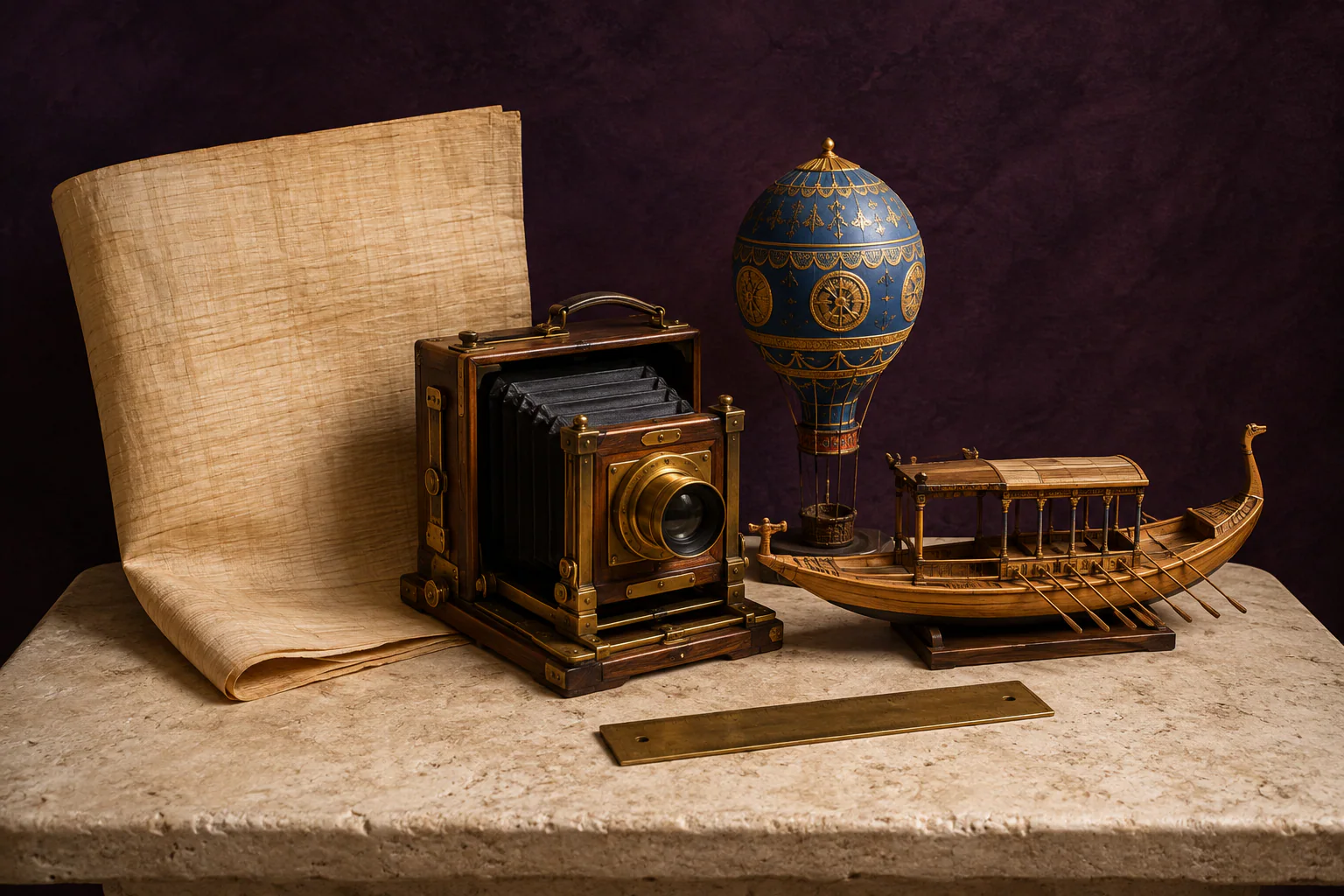 Papyrus, appareil photographique, montgolfière et barque réunis dans une composition illustrée.