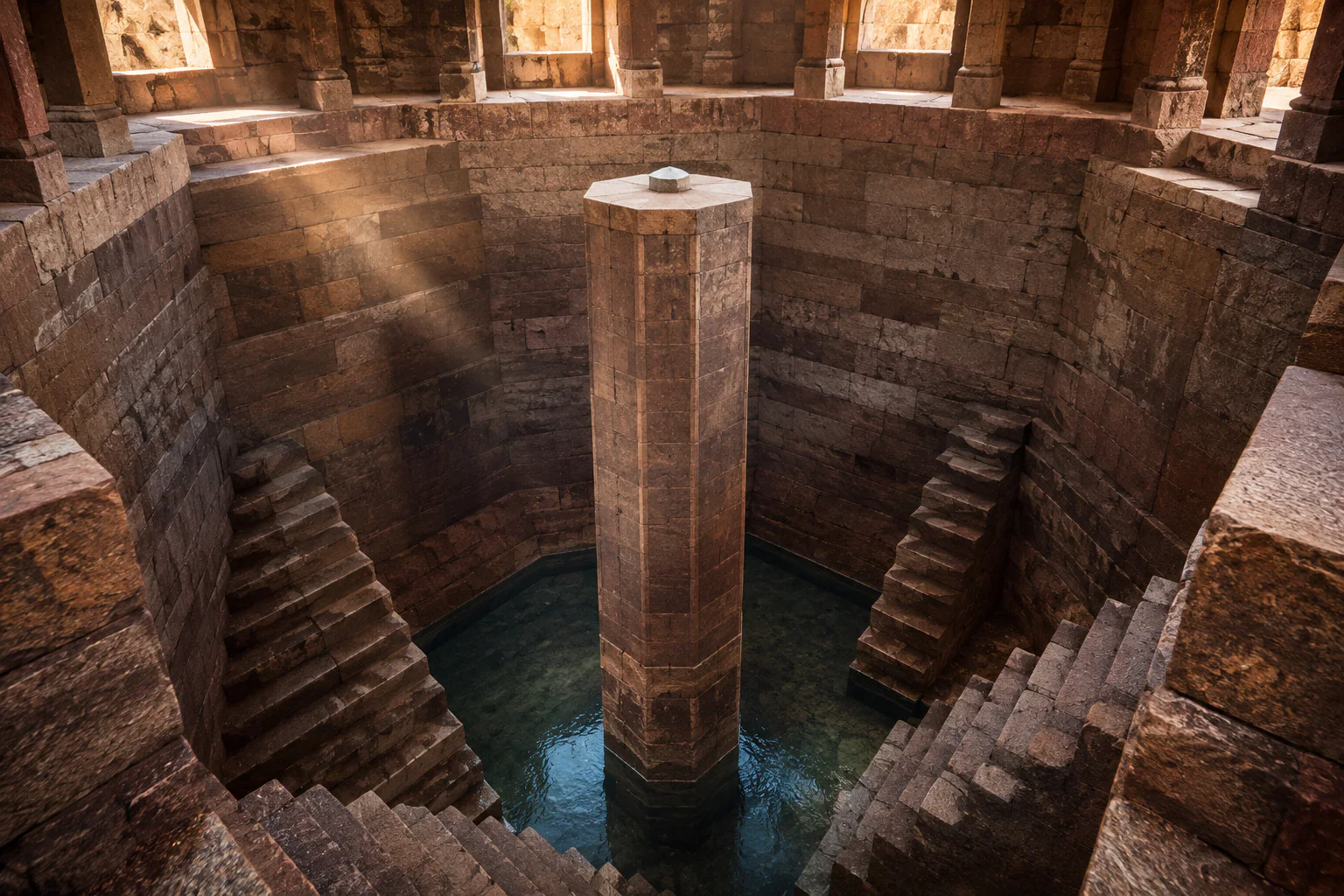 Puits à colonne centrale et escaliers, évocation d’un nilomètre.