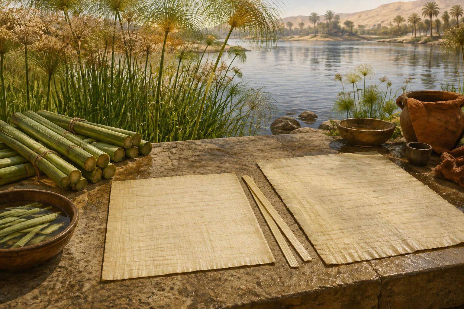 Feuilles de papyrus, bandes végétales et tiges près du Nil.