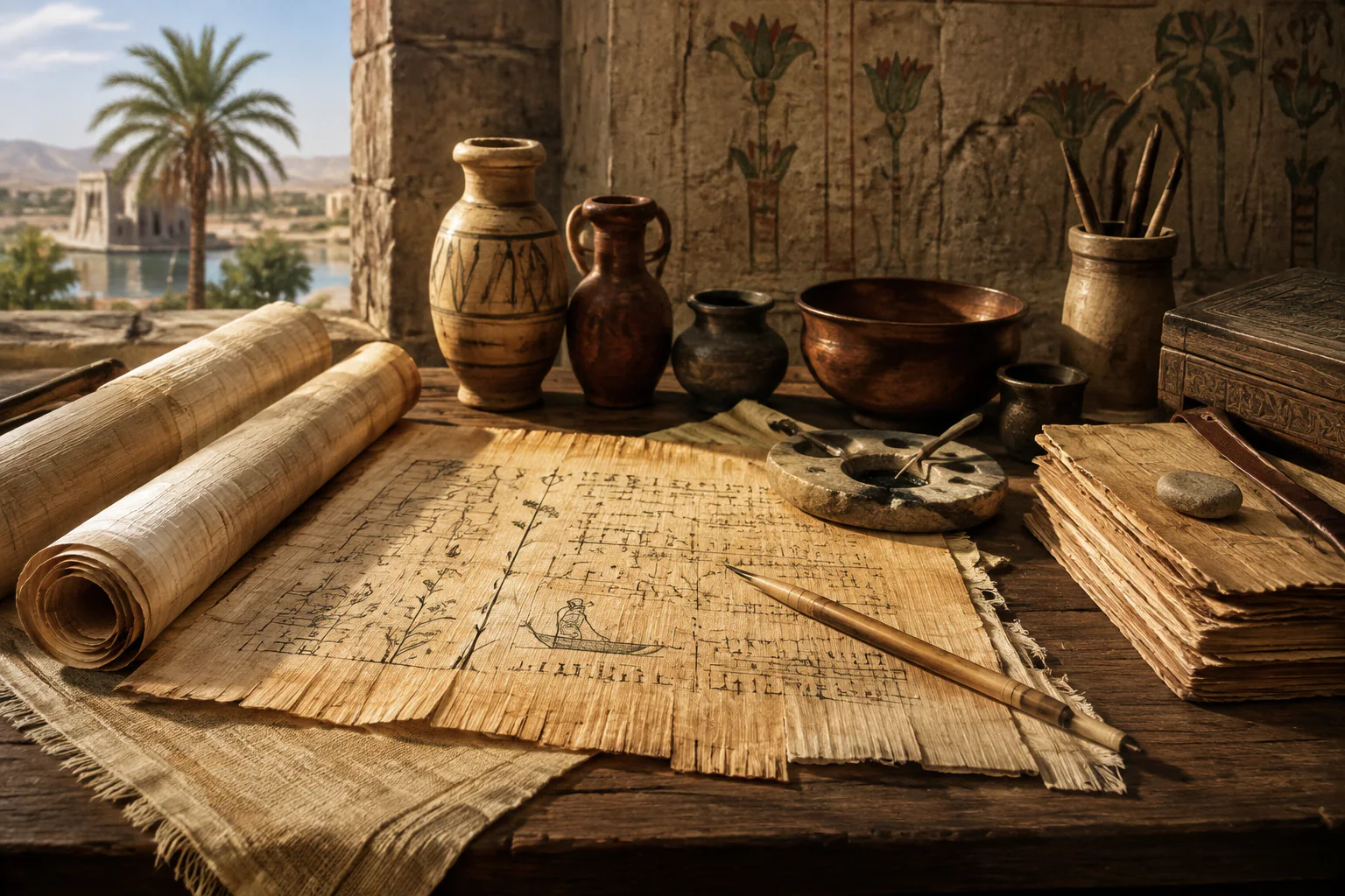 Rouleaux et feuilles de papyrus dans une composition inspirée des savoirs anciens.