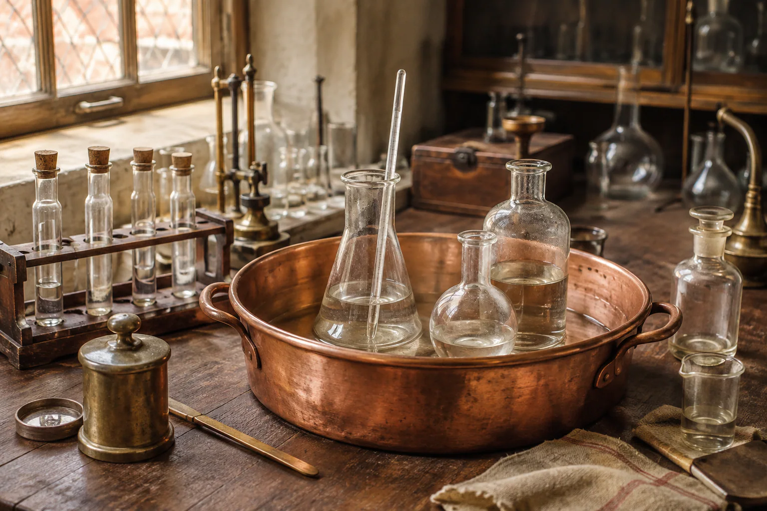 Flacons en verre dans un bain d’eau, évocation d’un laboratoire ancien.