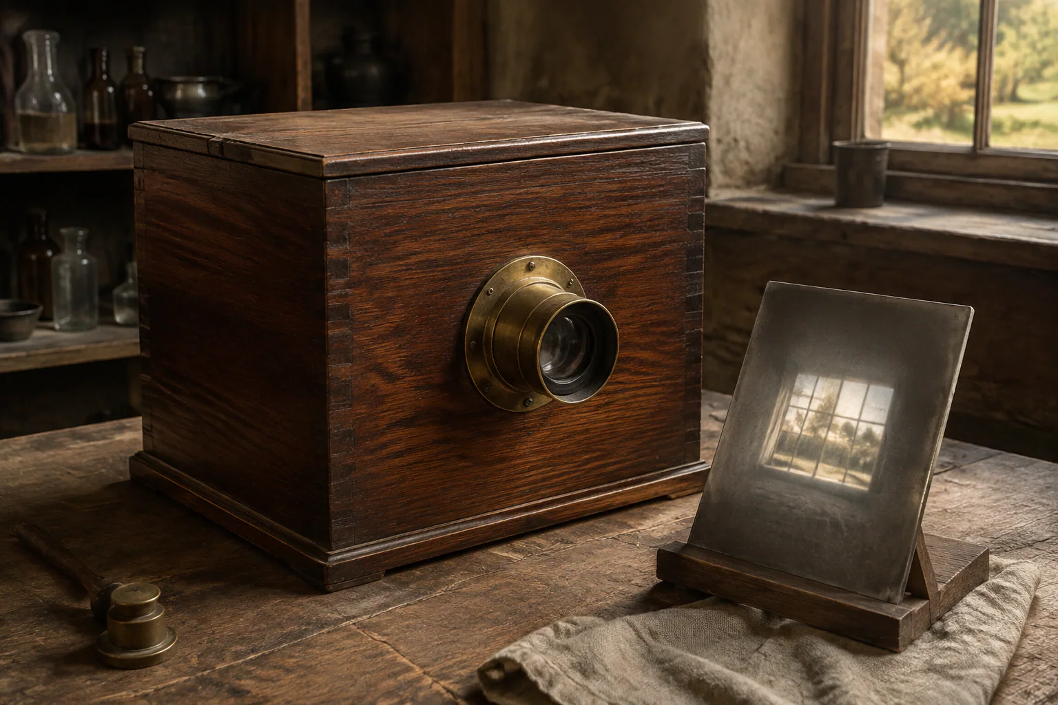 Chambre photographique en bois et plaque sensible dans un atelier imaginé.