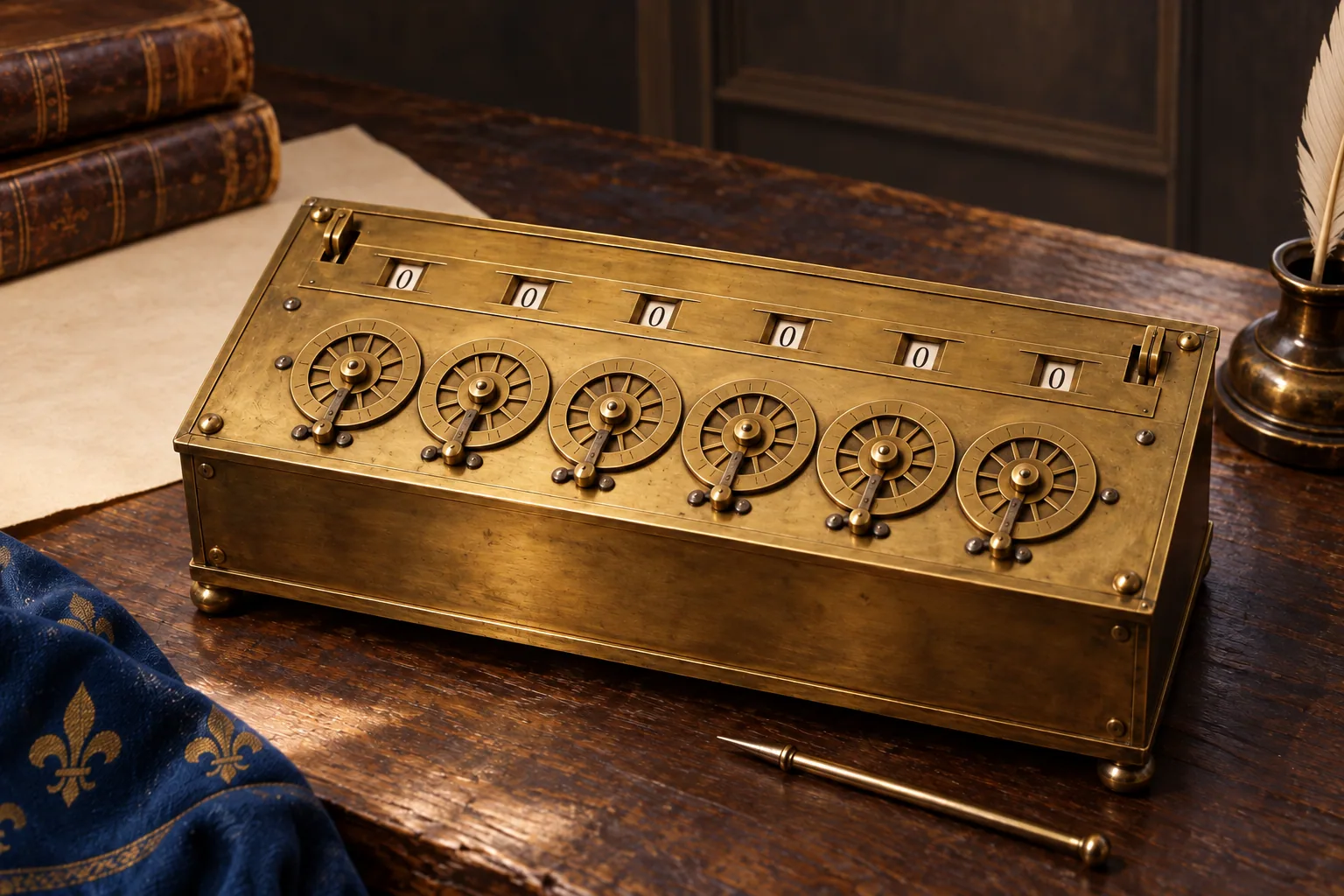 Illustration d’une calculatrice mécanique à six roues. · رسم توضيحي لآلة حاسبة ميكانيكية بست عجلات.