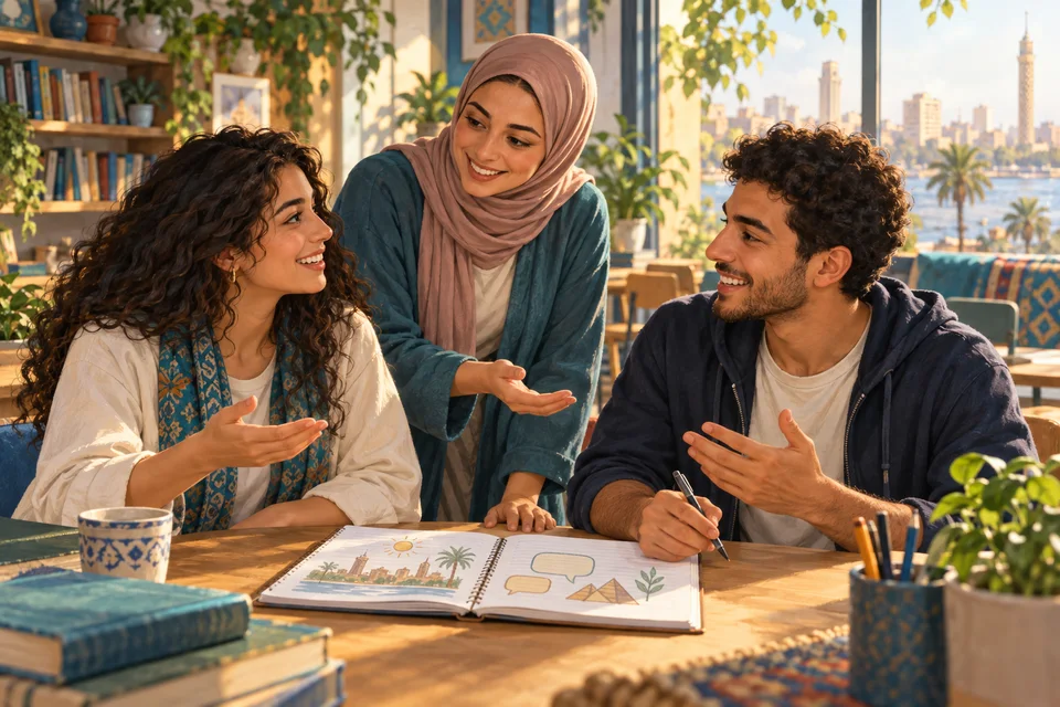 Three people practising a greeting together around a notebook.
